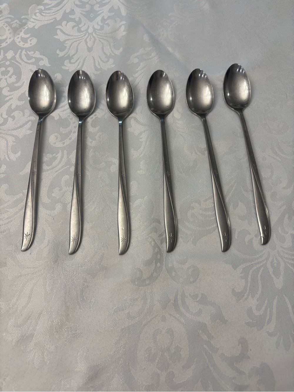 6 Vintage Oneida Community Twin Star Iced Teaspoons Stainless Atomic MCM
